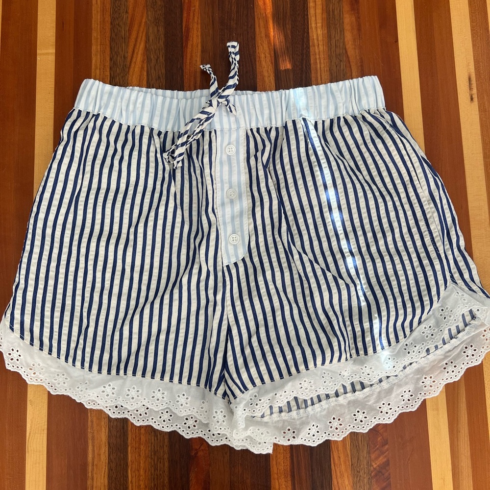 Blue and White Striped Shorts with Lace Trim